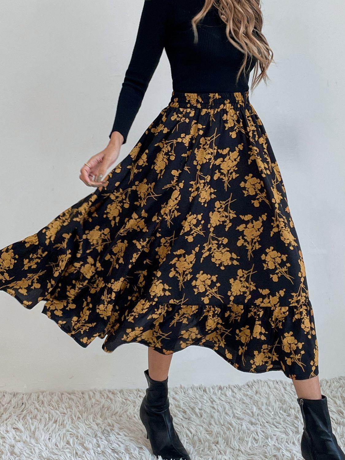 Stylish Printed Elastic Waist Midi Skirt for Everyday Wear - Selvanelle