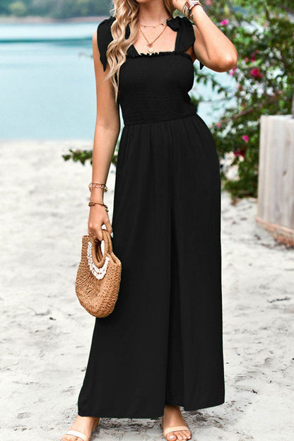 Devine Frill Trim Tie Shoulder Wide Leg Jumpsuit with Pockets - Selvanelle