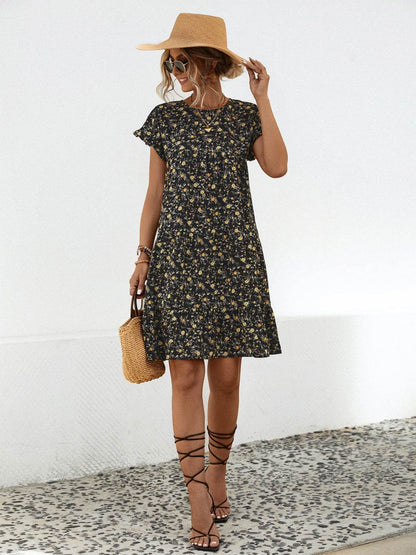 Frill Floral Round Neck Short Sleeve Tiered Dress - Selvanelle