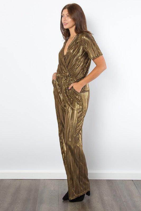 Be Stage Surplice Short Sleeve Pleated Foil Jumpsuit - Selvanelle