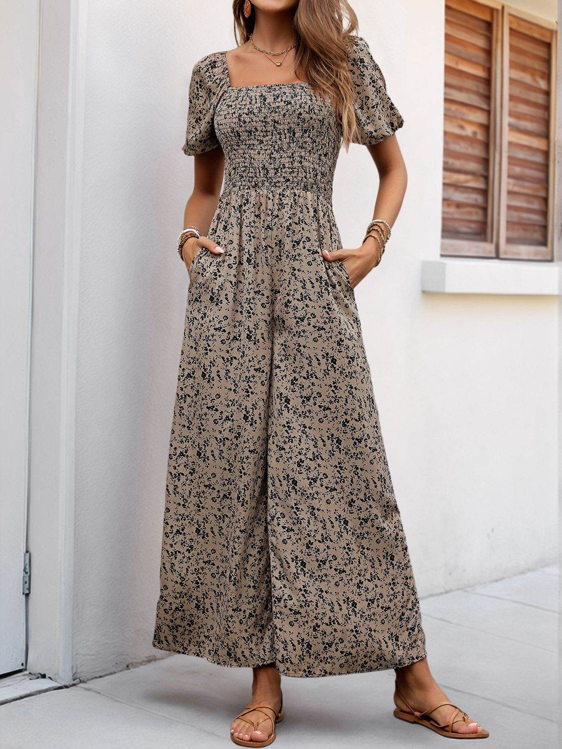 Perfee Smocked Printed Square Neck Puff Sleeve Jumpsuit - Selvanelle