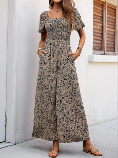 Perfee Smocked Printed Square Neck Puff Sleeve Jumpsuit - Selvanelle