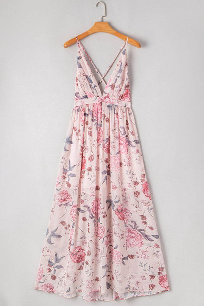 Floral Pleated Deep V Backless Maxi Dress - Selvanelle