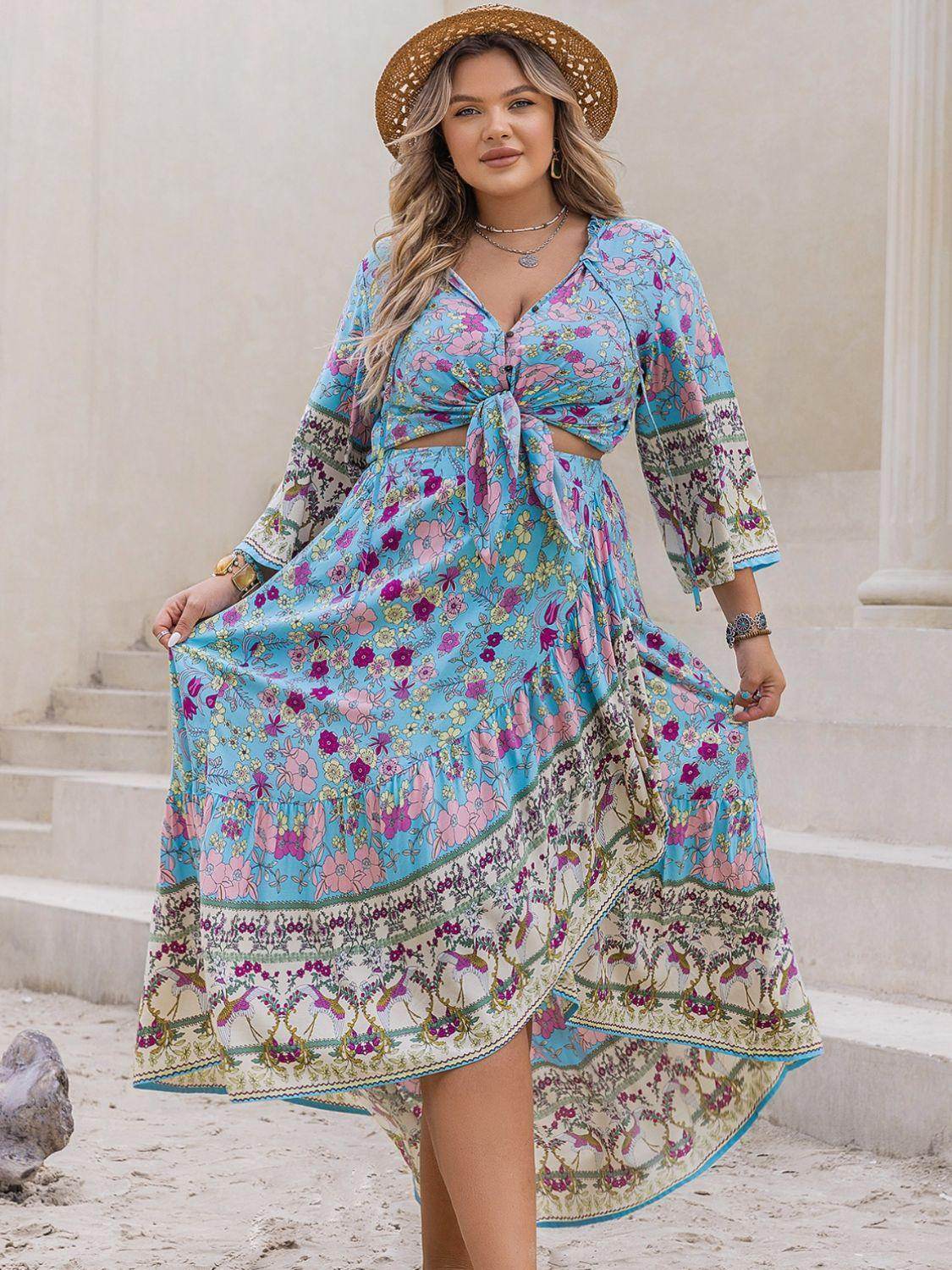 Plus Size Printed Tie Neck Top and Skirt Set for Women - Selvanelle