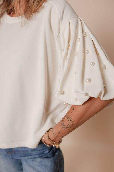 Pearl Detail Round Neck Half Sleeve Blouse for Women - Selvanelle