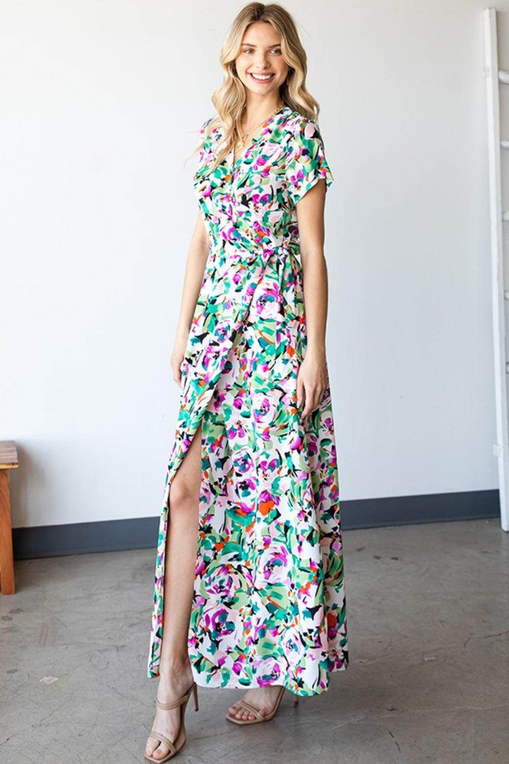 First Love Slit Printed Surplice Tie Waist Dress for Women - Selvanelle