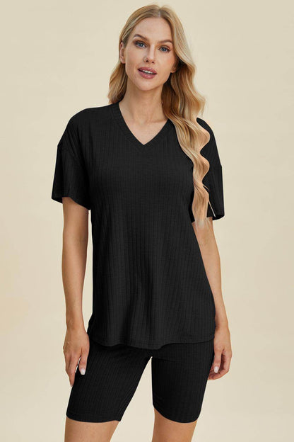 Basic Bae Full Size Ribbed V-Neck Top and Shorts Set For Women - Selvanelle