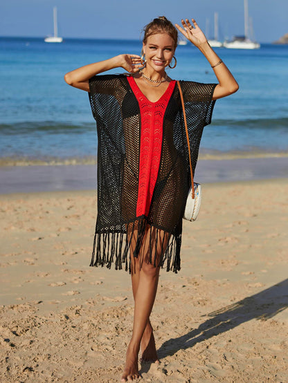 Angel Wings Contrast Fringe Trim Openwork Cover-Up Dress - Selvanelle