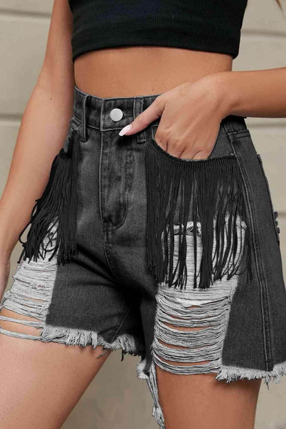 Fringe Trim Distressed Denim Shorts with Pockets for Women - Selvanelle