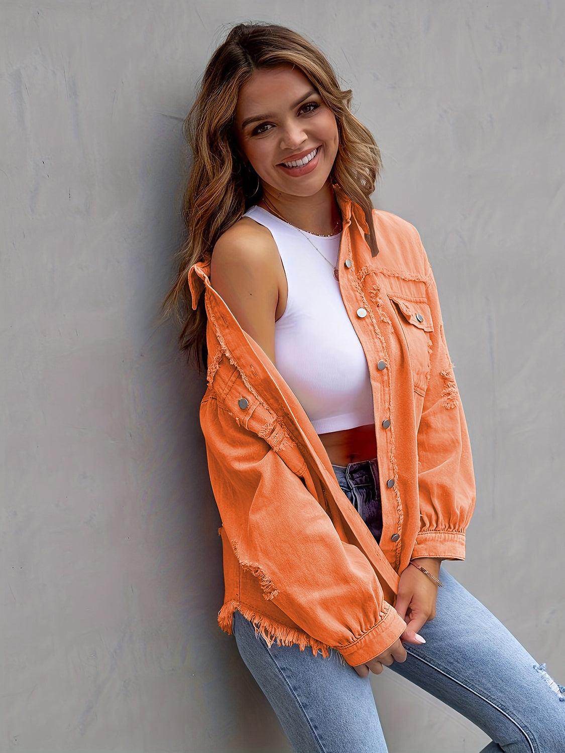 Distressed Drop Shoulder Denim Jacket for Casual Style - Selvanelle