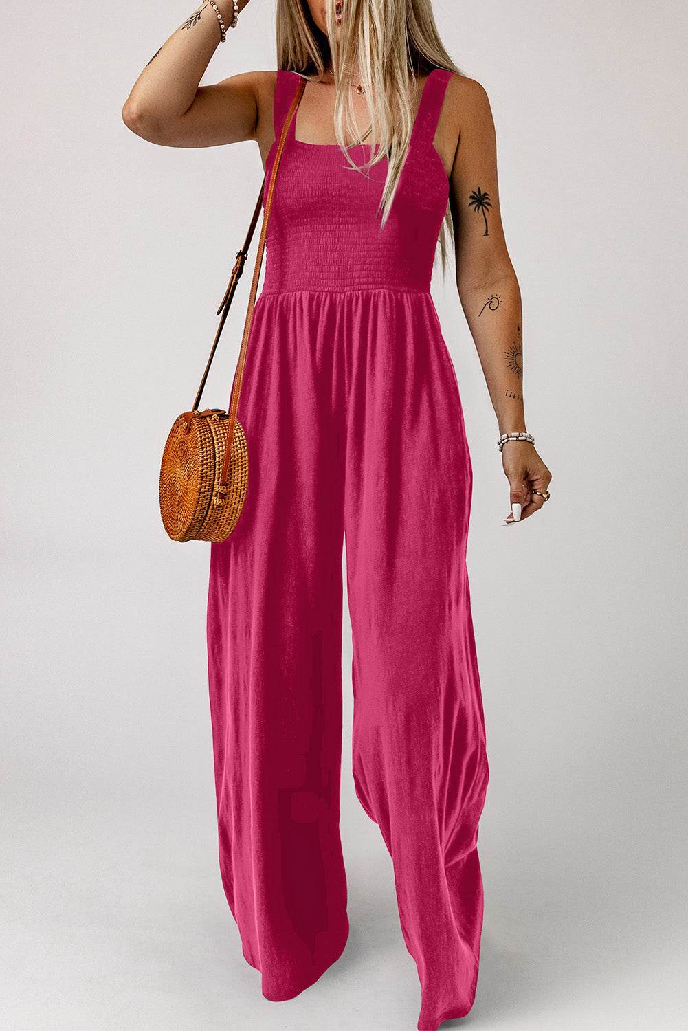 Smocked Square Neck Wide Leg Jumpsuit with Pockets - Selvanelle