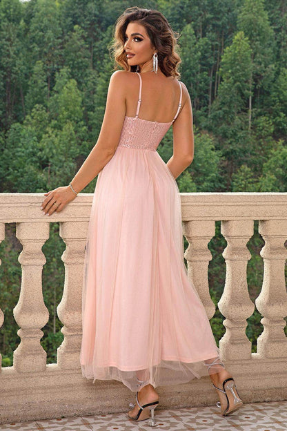 Spaghetti Strap Slit Mesh Dress for Elegant Evening Wear - Selvanelle