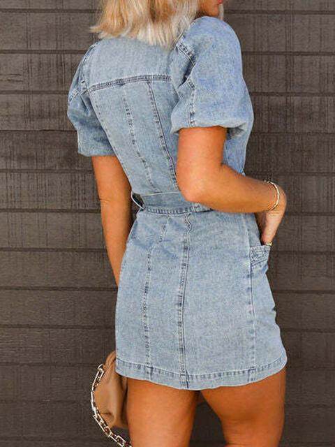 Puff Sleeve Button Up Mini Denim Dress for Women Fashion - Selvanelle