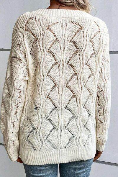 Openwork V-Neck Long Sleeve Sweater for Women Fashion - Selvanelle