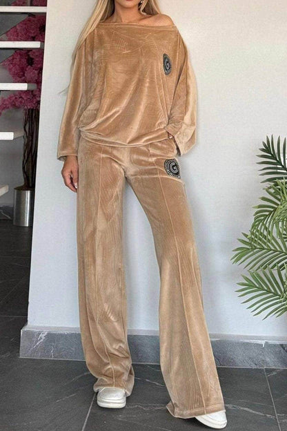 Full Size Boat Neck Long Sleeve Top and Pants Set Outfit - Selvanelle