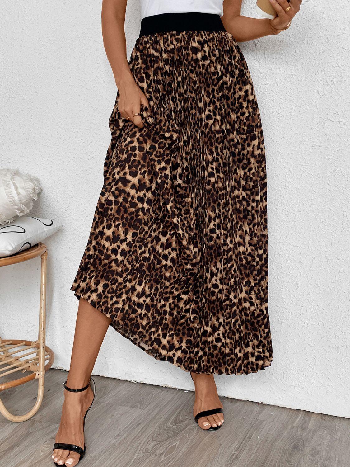 Perfee Pleated Leopard Maxi Skirt for Women Fashion Style