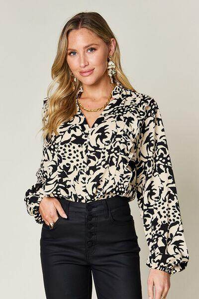 Double Take Full Size Printed Ruffle Trim Balloon Sleeve Shirt - Selvanelle
