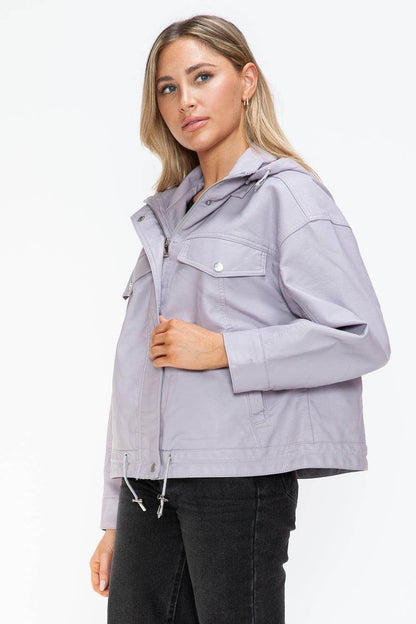 How Dare U Drawstring Hem PU Leather Zip Up Jacket Women - Selvanelle