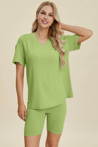 Basic Bae Full Size Ribbed V-Neck Top and Shorts Set For Women - Selvanelle