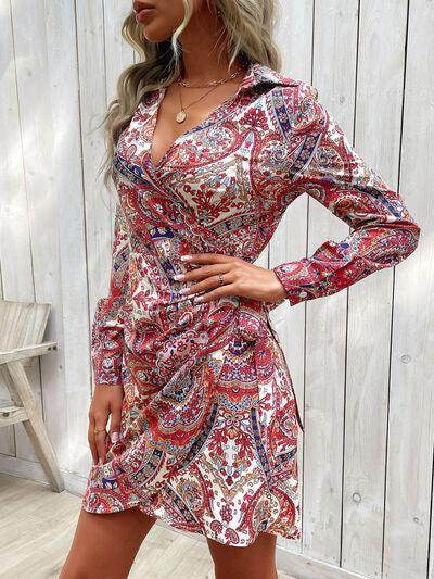 Perfee Tied Printed Long Sleeve Mini Dress for Women - Selvanelle