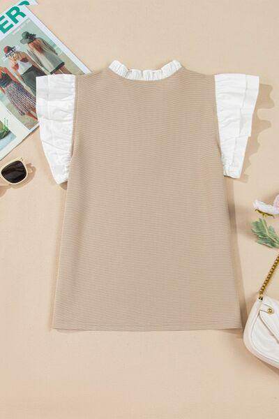 Ruffled Notched Cap Sleeve Top for Women in Various Sizes - Selvanelle