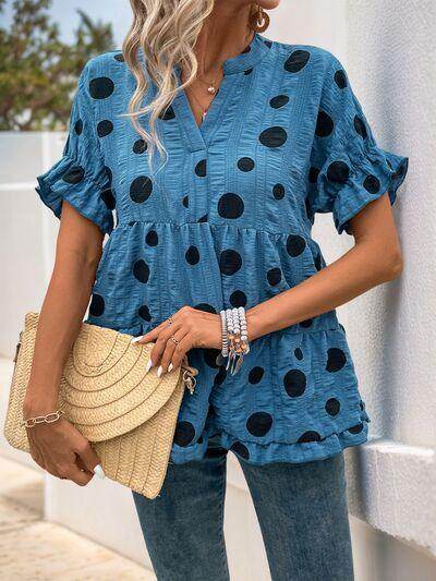 Perfee Polka Dot Notched Short Sleeve Shirt for Women - Selvanelle