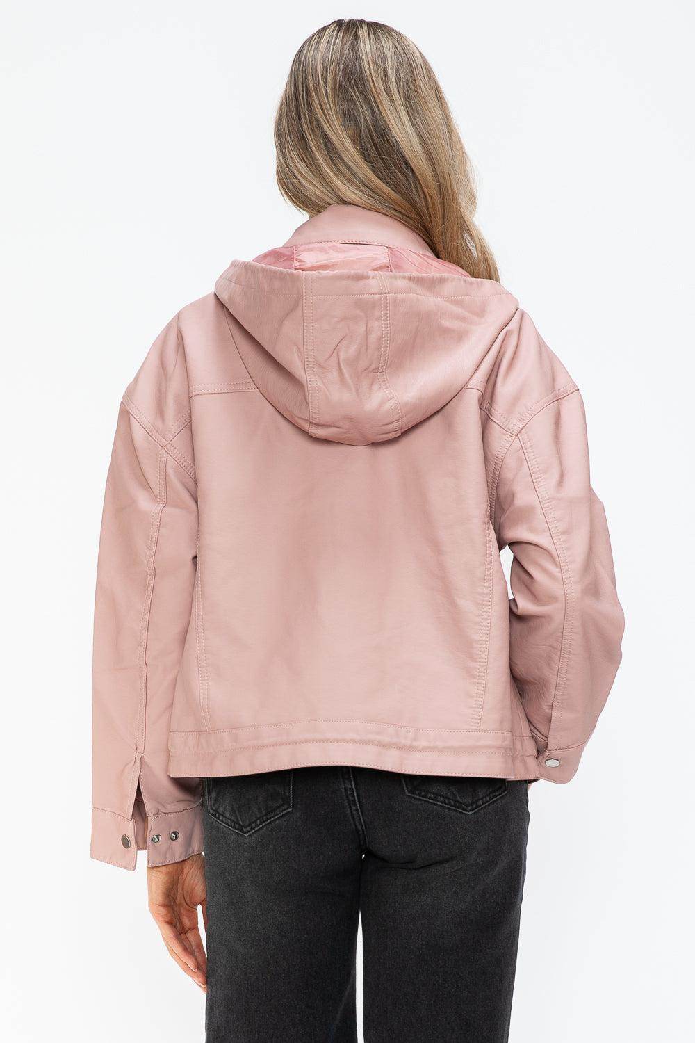How Dare U Drawstring Hem PU Leather Zip Up Jacket for Women - Selvanelle