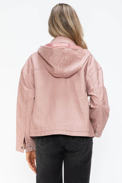 How Dare U Drawstring Hem PU Leather Zip Up Jacket for Women - Selvanelle
