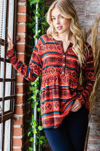 Heimish Full Size Geometric Button Detail Long Sleeve Top - Selvanelle