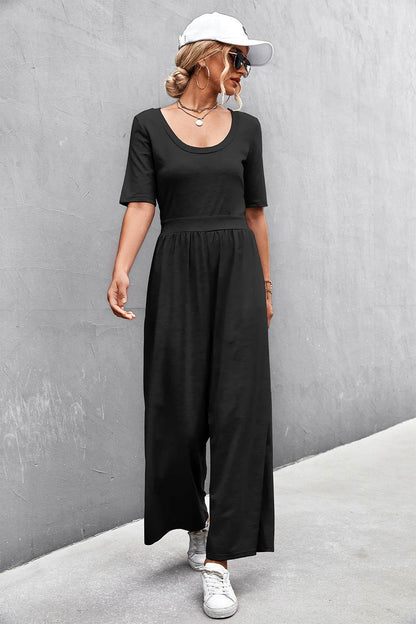 Scoop Neck Half Sleeve Wide Leg Jumpsuit - Selvanelle