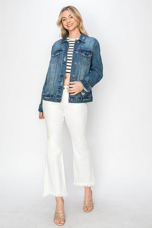 RISEN Full Size Distressed Button Up Jacket for Women - Selvanelle