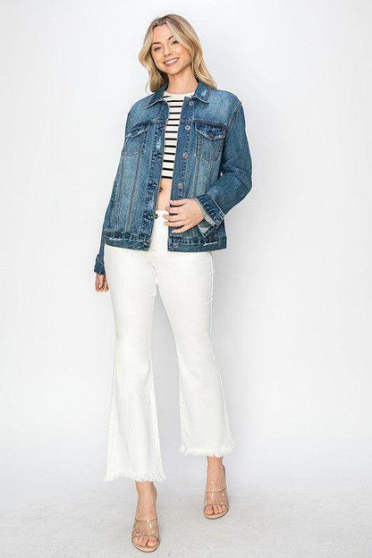 RISEN Full Size Distressed Button Up Jacket for Women - Selvanelle