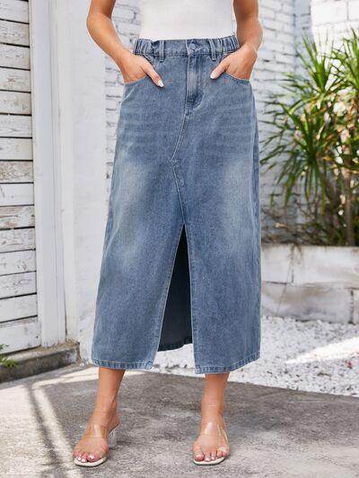 Slit Midi Denim Skirt with Pockets for Stylish Women - Selvanelle