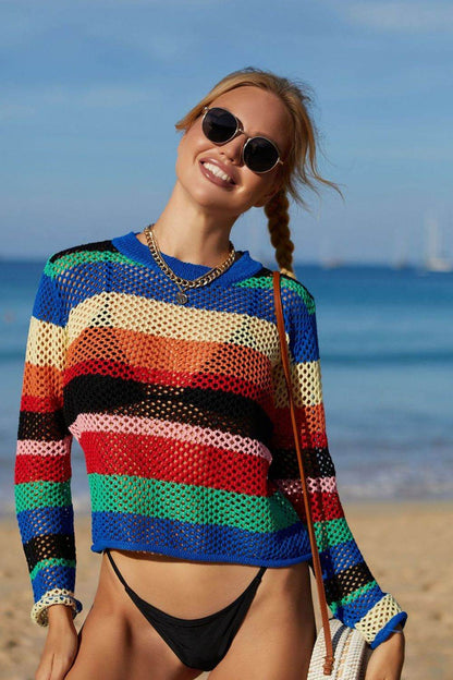 Angel Wings Rainbow Stripe Openwork Long Sleeve Cover-Up - Selvanelle