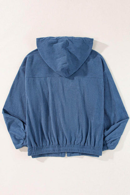 Corduroy Zip Up Long Sleeve Hooded Jacket for Women - Selvanelle