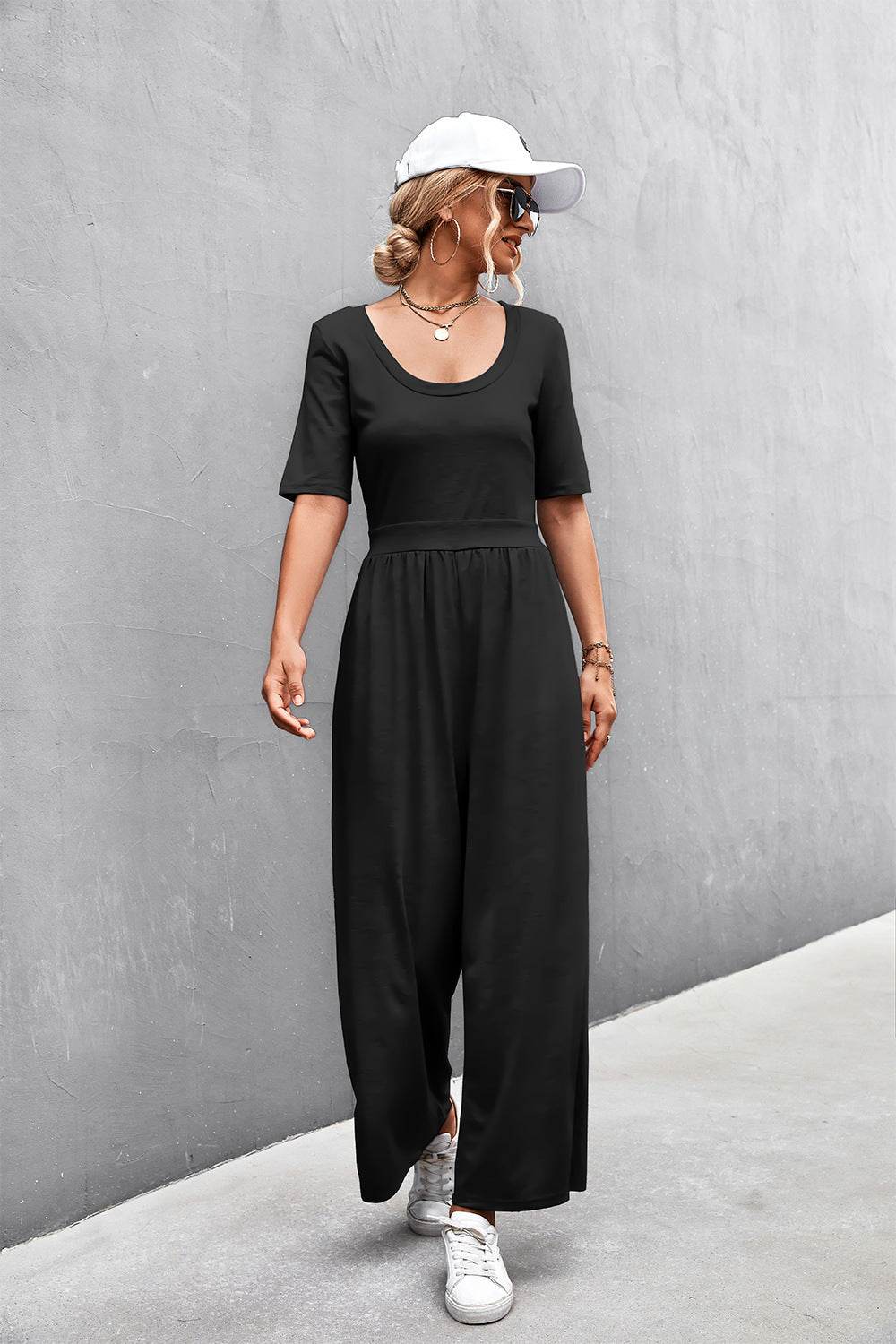 Scoop Neck Half Sleeve Wide Leg Jumpsuit - Selvanelle