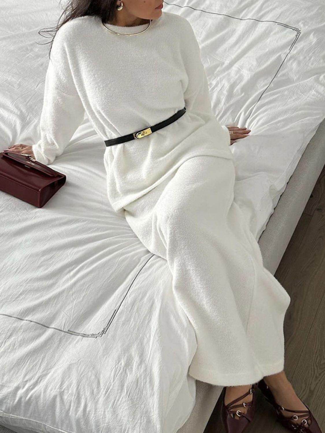 Round Neck Dropped Shoulder Top and Midi Skirt Sweater Set - Selvanelle