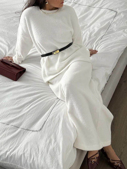 Round Neck Dropped Shoulder Top and Midi Skirt Sweater Set - Selvanelle