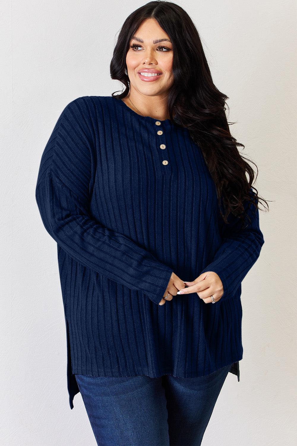 Basic Bae Full Size Ribbed Half Button Long Sleeve T-Shirt