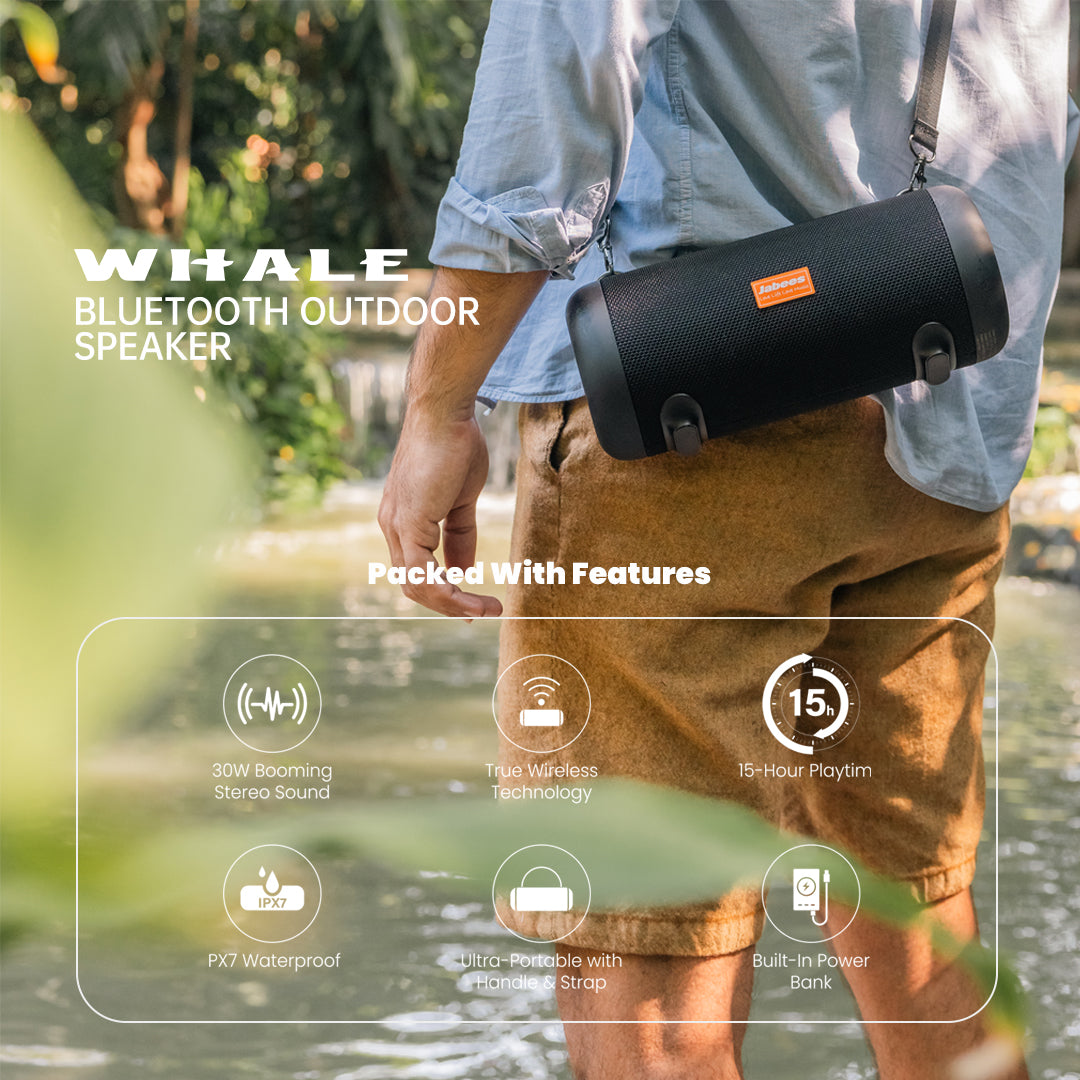 WHALE Portable Bluetooth Outdoor Speaker with Shoulder Strap – IPX7 Waterproof Wireless Sound System
