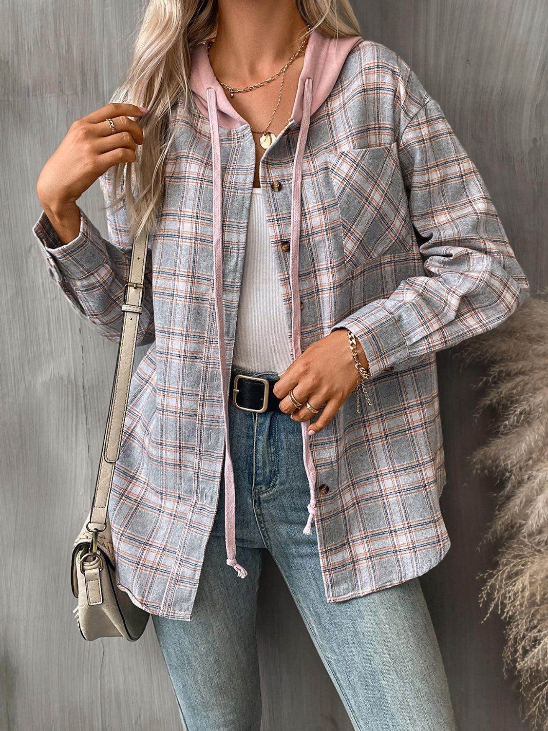 Plaid Long Sleeve Hooded Jacket for Women with Pockets - Selvanelle