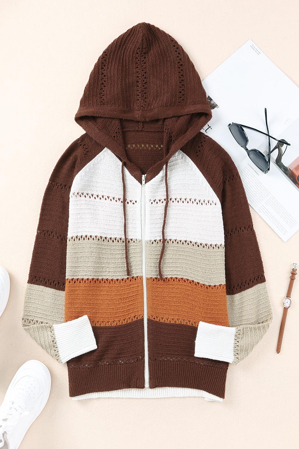 Zip-Up Raglan Sleeve Openwork Hooded Cardigan for Women