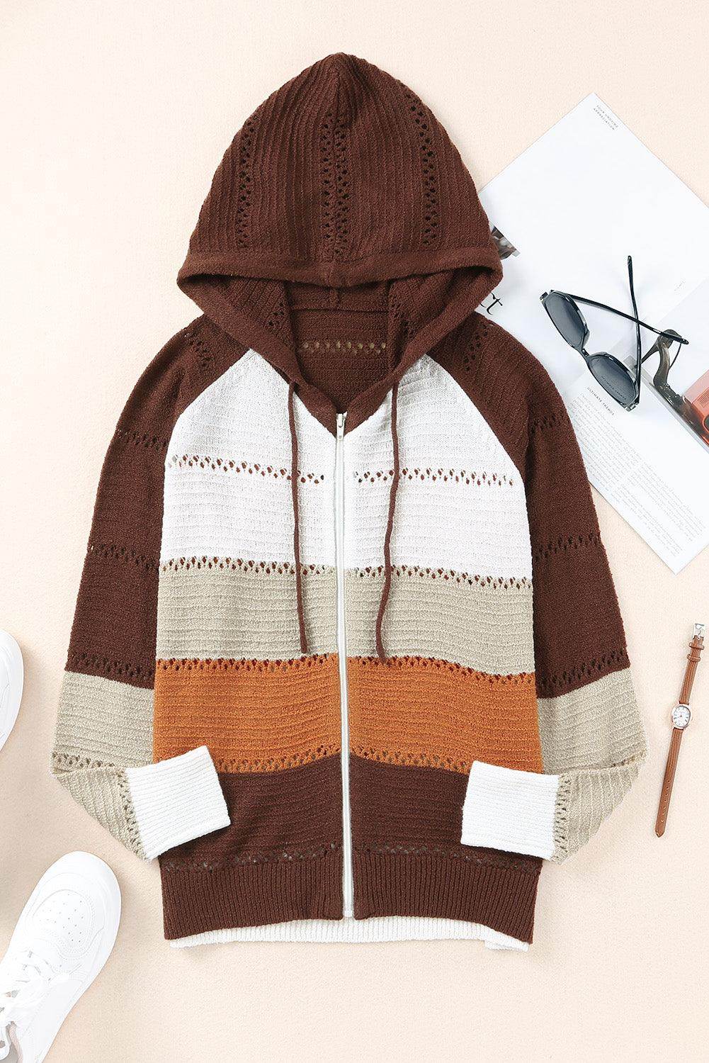 Zip-Up Raglan Sleeve Openwork Hooded Cardigan for Women - Selvanelle
