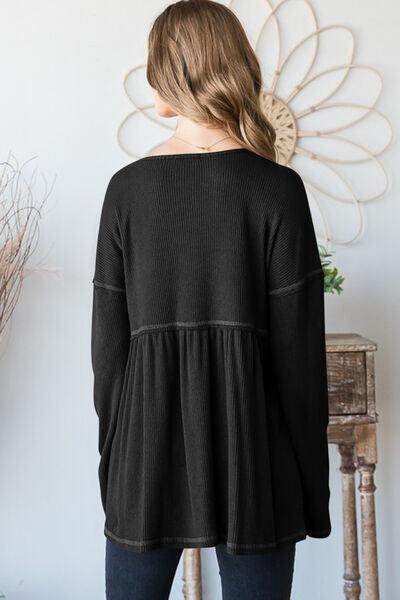 Heimish Full Size V-Neck Long Sleeve Ribbed Babydoll Top - Selvanelle