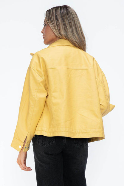 How Dare U Drawstring Hem PU Leather Zip Up Jacket for Women - Selvanelle