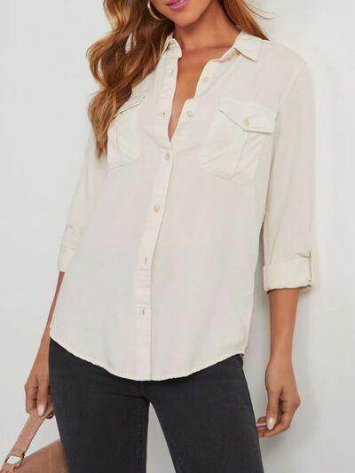 Collared Neck Roll-Tab Sleeve Denim Top for Women - Selvanelle