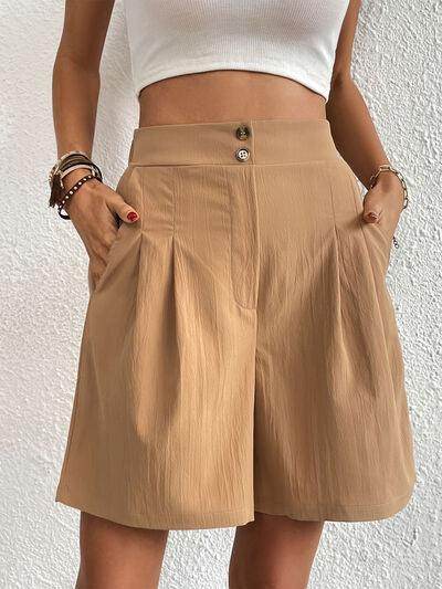 Pocketed Half Elastic Waist Shorts with Side Pockets - Selvanelle