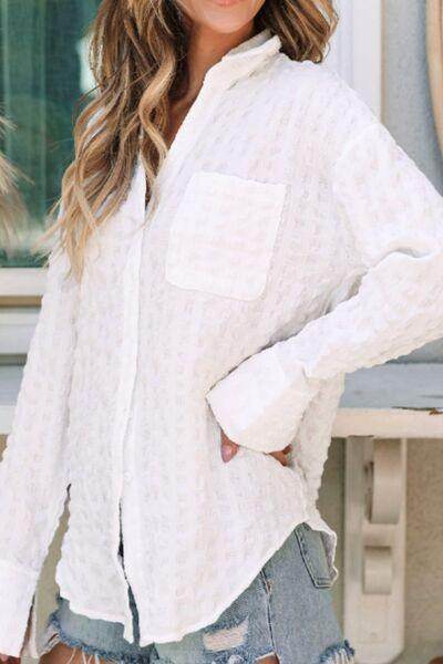 Texture Collared Neck Long Sleeve Shirt for Women - Selvanelle
