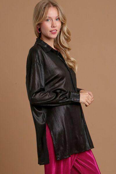 Umgee Side Slit Button Up Long Sleeve Shirt for Women - Selvanelle