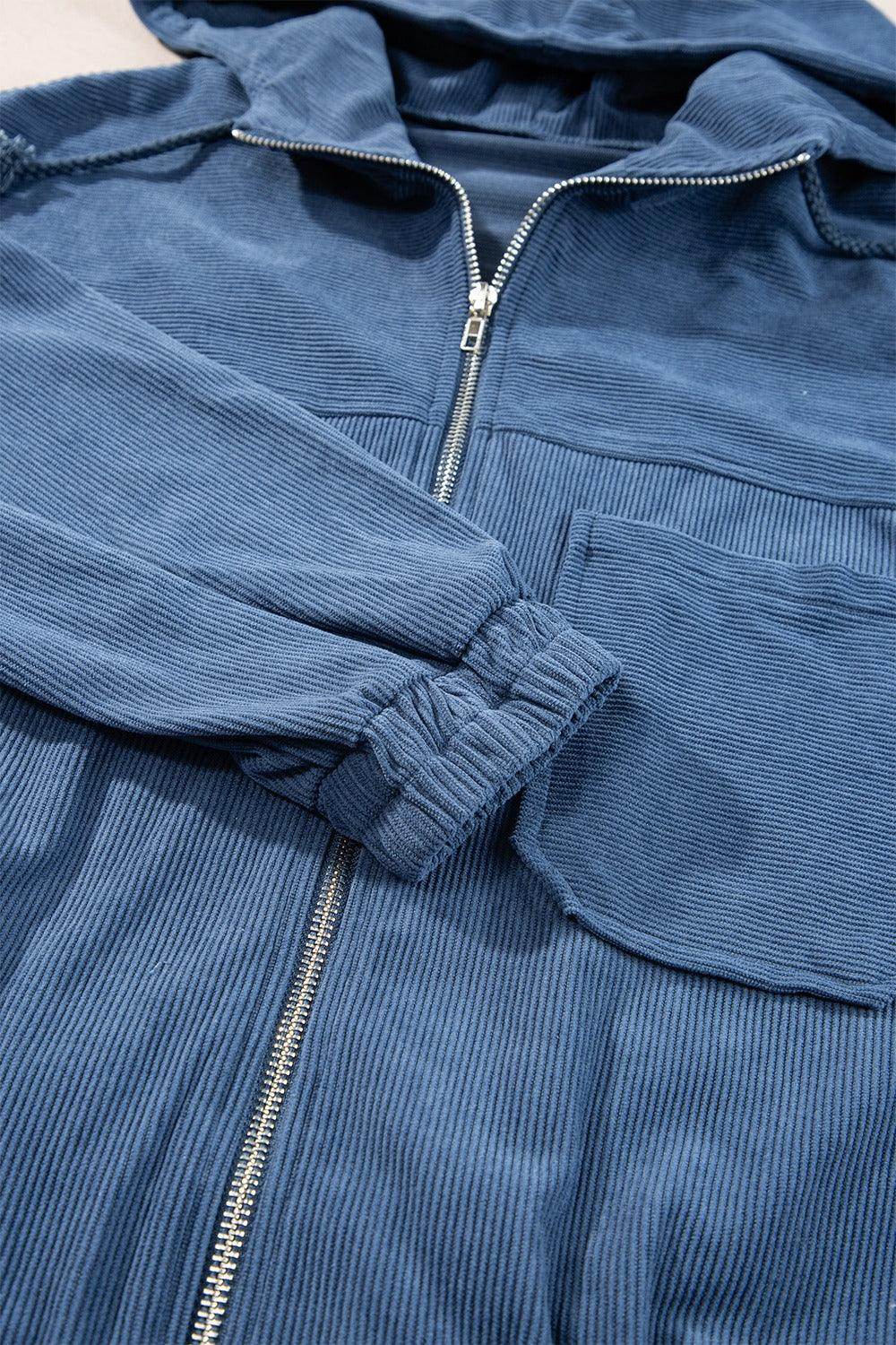Corduroy Zip Up Long Sleeve Hooded Jacket for Women - Selvanelle